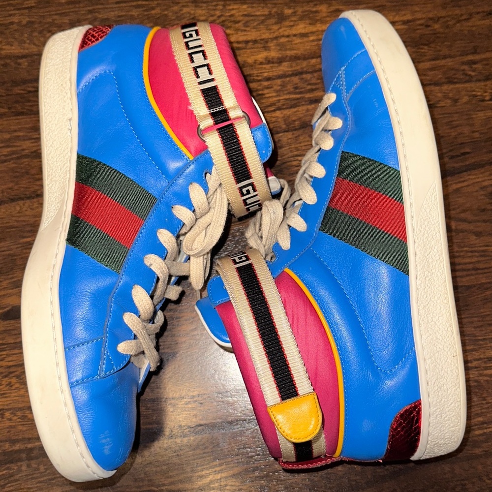 Gucci Ace Straps High Top Leather Men’s Shoes | size 8 | Blue